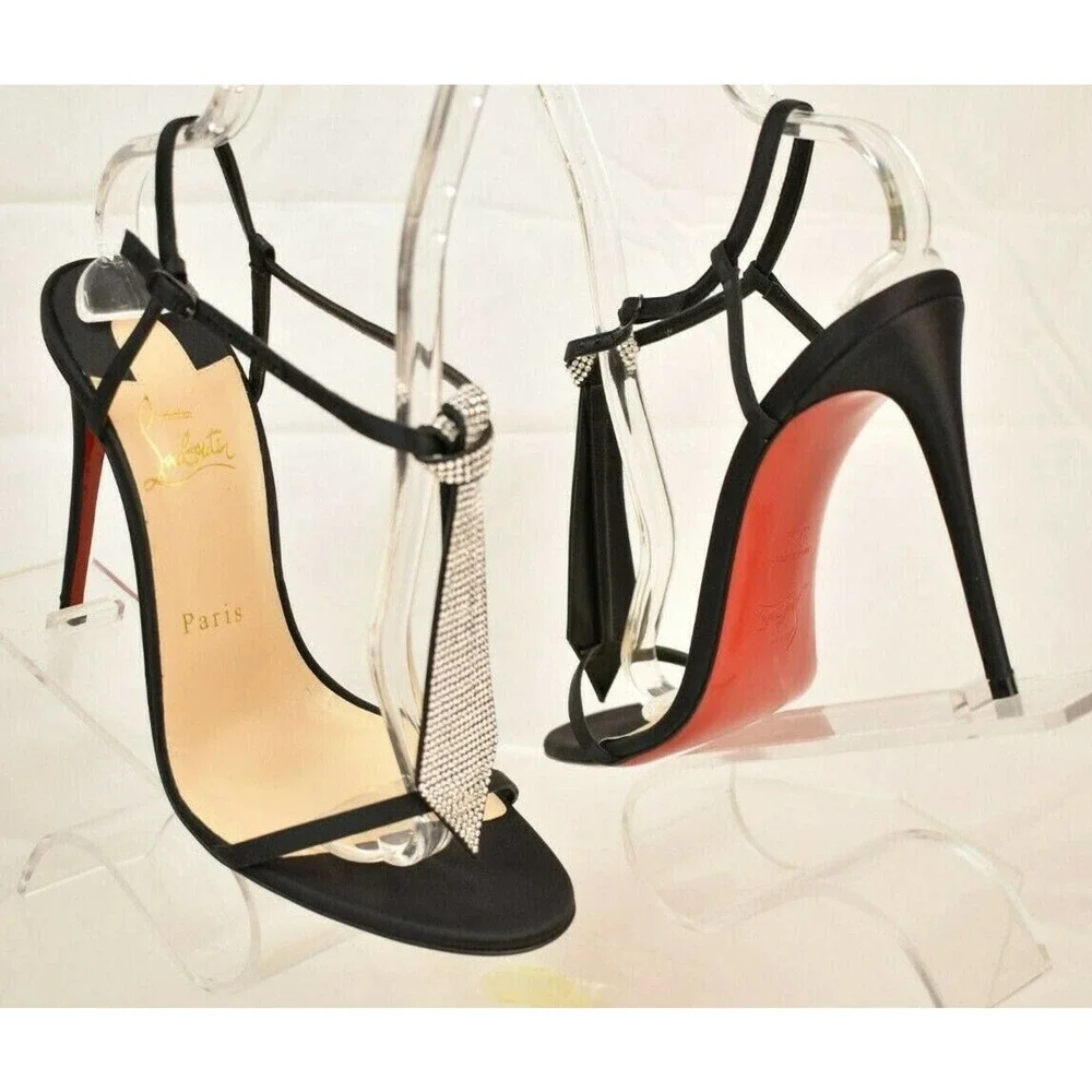 NIB LOUBOUTIN T CAB 100 BLACK CREPE SATIN JEWELED TIE ANKLE STRAP PUMPS 40.5 - Picture 8 of 12
